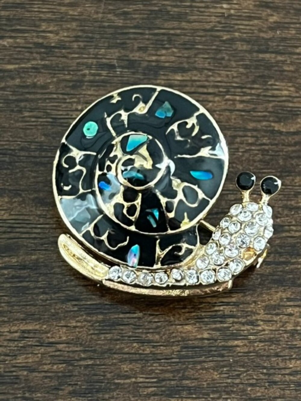Snail Brooch Enameled Rhinestone Black Blue Gold Tone